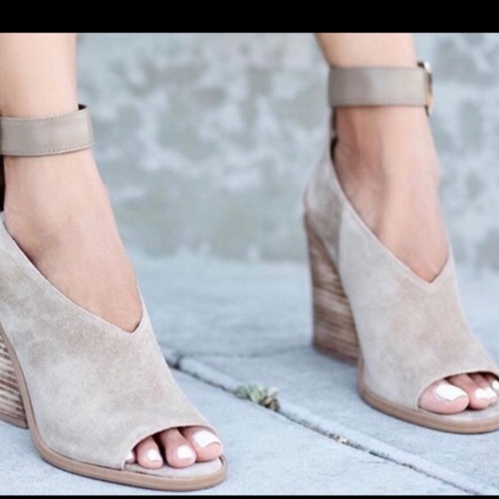 Marc Fischer taupe suede ankle strap open toe bootie